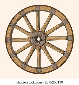 Old wooden wheel from a rustic cart with spokes and steel elements. Wheel of Fortune.