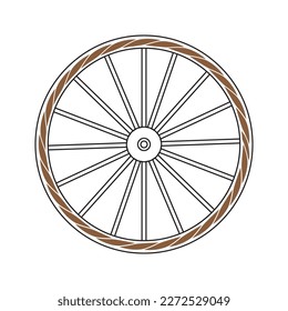 Old wooden wheel of time. Antique wooden spoked wheel, ink hand drawn illustration.