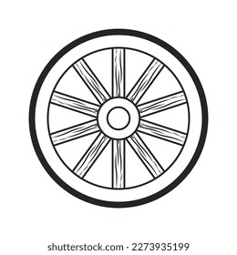 Old wooden wheel of time. Antique wooden spoked wheel, ink hand drawn illustration.