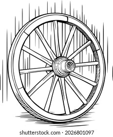 Old Wooden Wheel,Old cart wheel, black and white drawing, vintage drawing.