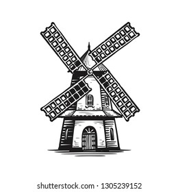 Old wooden windmill, sketch. Agriculture, farming, bakery logo or label. Vintage vector illustration