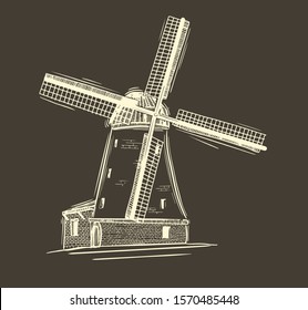 Old wooden windmill, sketch. Agriculture, farming, bakery logo or label. Vintage vector illustration