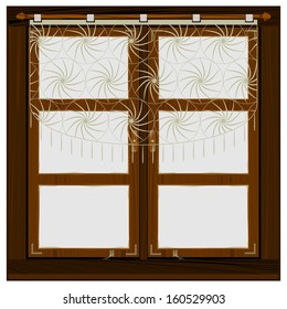 Old wooden window with curtains on a white background. Easy to add to any wall in your design.