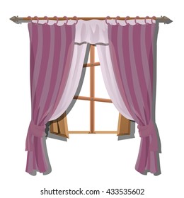 Old wooden window with purple curtains. Vector.