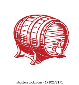 Old wooden wine or beer barrel with faucet in engraving style, cask