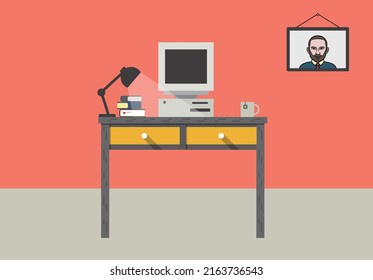 Old working place, desk with old computer and other things, vector illustration