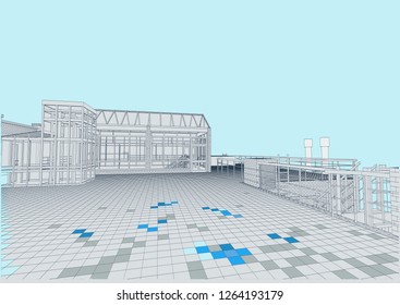The old workshop of the plant is made of brick with stairs and operated roof. Vector.
