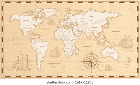 Old world map flat vector illustration. Ancient parchment with countries and oceans names. Vintage document with continents, ships and wind rose drawings. Worldwide geography exploration.