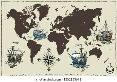 Old world map with hand drawn sailing ships.