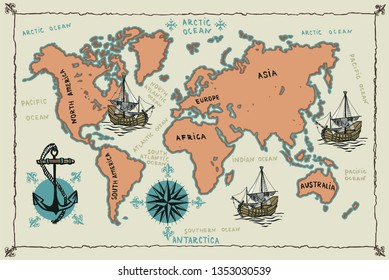 Old world map with hand drawn sailing ships, anchor and compass.