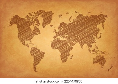 Old world map. Map world sketch line. Vintage worldmap global. Earth globe. Worldwide continents on background of old paper. Hand drawn silhouette planet. Abstract grunge design. Drawing continent