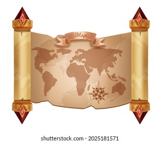 Old world map vector background, cartography travel vintage scroll paper isolated on white. Antique retro parchment Earth illustration, geography adventure treasure game clipart. Old atlas map roll