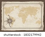 Old world map. Vector paper texture with border frame. Wind rose. Vintage vautical compass. Retro design banner. Decorative antique museum picture with border