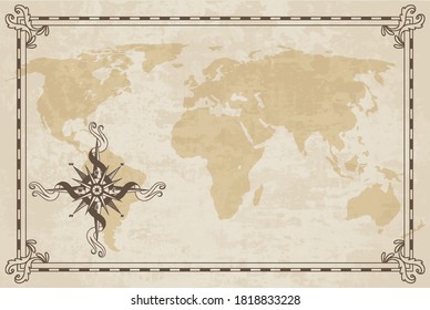 Old world map. Vector paper texture with border frame. Wind rose. Vintage vautical compass. Retro design banner. 
