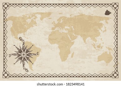 Old world map. Vector paper texture with border frame. Wind rose. Vintage vautical compass. Retro design banner. Decorative antique museum picture with border