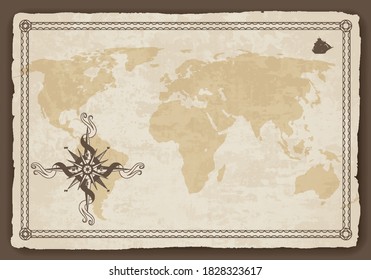 Vieille carte du monde. Image vectorielle texture papier avec cadre de bordure. Le vent s'est levé. Compas vintage vautique. Bannière de design rétro. Photo de musée d'antiquités décoratives avec bordure