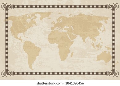 Old world map. Vector paper texture with border frame. Vintage vautical compass. Retro design banner. Decorative antique museum picture with border