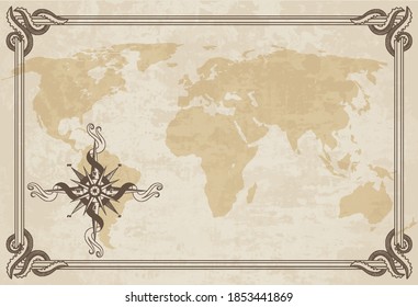 Old world map. Vector paper texture with border frame. Wind rose. Vintage vautical compass. Retro design banner. Decorative antique museum picture with border