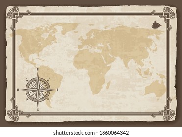 Old world map. Vector paper texture with border frame. Wind rose. Vintage vautical compass. Retro design banner. Decorative antique museum picture with border