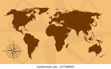 Old world map. Vintage compass background with africa, asia, europe, australia and america. Antique cartography. Ancient earth for travel. Land with oceania for ship. Vector.