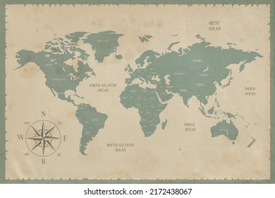 Old World Map In Vintage Style. Political Vintage Golden World Map.Vector Stock