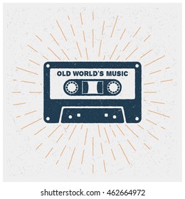 Old World's Music. Inspiring Creative Motivation Quote. Vector Typography Poster Design Concept. Hand drawn textured vintage label.  Retro badge. Inspirational lettering. Emblem. Cassette tape.