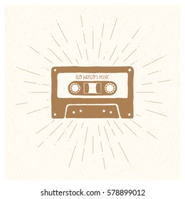 Old World's Music. Inspiring Creative Motivation Quote. Vector Typography Poster Design Concept. Hand drawn vintage label. Retro badge. Inspirational lettering. Emblem. Cassette tape.