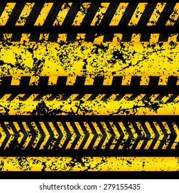 Old worn grungy yellow with black police line and danger tapes on dark background. Vector illustration.