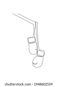 Old worn leather boxing gloves in hanged up on the wall continuous one line drawing