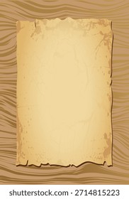 Hoja de papel de pergamino vieja usada colocada sobre un fondo de textura de madera. Papel grunge antiguo con bordes rasgados, adecuado para mapas piratas, historia y diseños vintage.