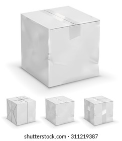 Old, worn white cardboard boxes. Vector illustration set