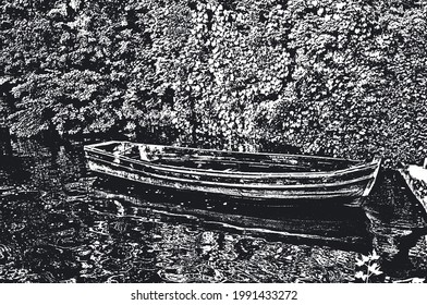 Old worn wooden boats on the river bank. Distressed vector Illustration. Black and white background.