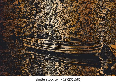 Old worn wooden boats on the river bank. Distressed vector Illustration. Black and golden background.