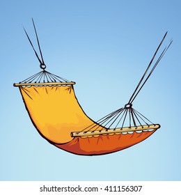 Old woven fabric net sling hang on palm tree for swing by sand sea beach isolated on white backdrop. Freehand ink hand drawn icon sketchy in art scribble bright color retro style with space for text