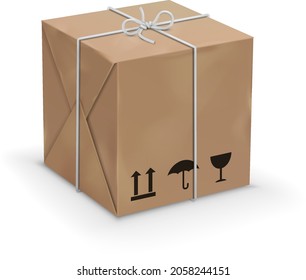 Old wrapped cardboard box with package transport icons