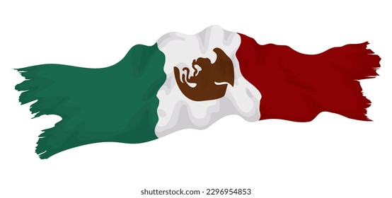 Old and wrinkled Mexican flag with torn edges. Cartoon style design on white background.
