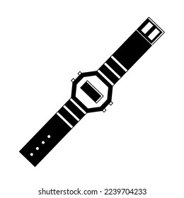 An old wristwatch from the 90s. Vector illustration of a cartoon green clock. Black and white line illustration, retro coloring.