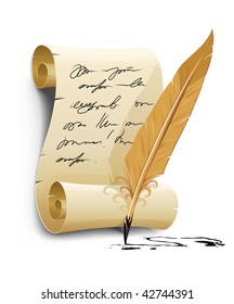 old writing script with ink feather tool - vector illustration