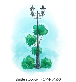 Old wrought iron street lamp. Fragment of a park with a tree and bushes against the blue sky. Watercolor background, hand-drawing. Vector landscape.