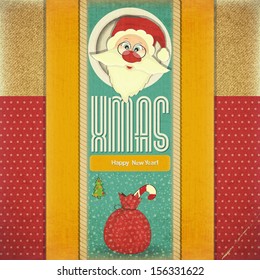 Old Xmas and New Year Postcard with Santa Claus and Christmas Decorations on a Vintage background. Vector illustration.