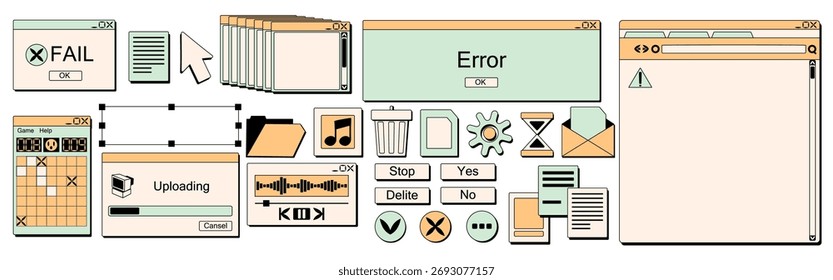Old y2k software windows and icons set isolated on white background. Vector illustration of error popup message, cursor arrow, buttons, folder symbol, media player equalizer, uploading progress bar