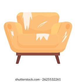 Old yellow armchair with damaged upholstery, a piece of furniture waiting for renovation or representing poverty