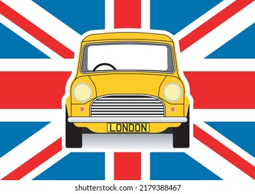 Old yellow car over UK flag