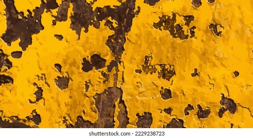 Old yellow cracked wall texture. Dirty structure plate. Damaged industry iron sheet. Rough painted wood. Ruined metal surface background. Vintage metallic paint crack