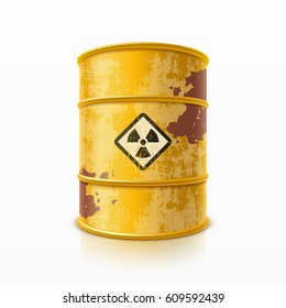 Old yellow metal barrel with radioactive waste