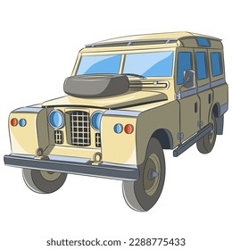 Old yellow off-road retro car isolated on white background.