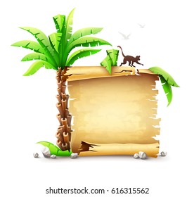 Old yellow paper manuscript bundle scroll, palms leaves monkey silhouette from tropical island. Tropical vojage travel banner concept. Ancient script document. Isolated on white.  Vector illustration.