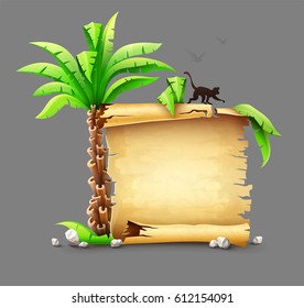 Old yellow paper manuscript scroll, palms leaves and monkey silhouette from tropical island. Tropical vojage travel banner concept. Ancient script document. Isolated on gray. Vector illustration.