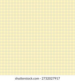 Old yellow square notebook paper seamless pattern. Squared grid texture with blue lines. Paper math mesh sheet seamless background. Vector illustration isolated on white background.