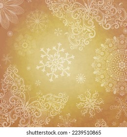 Old yellowed gruhge paper with winter pattern and a light center for your text. Frame, postcard, template. vector image